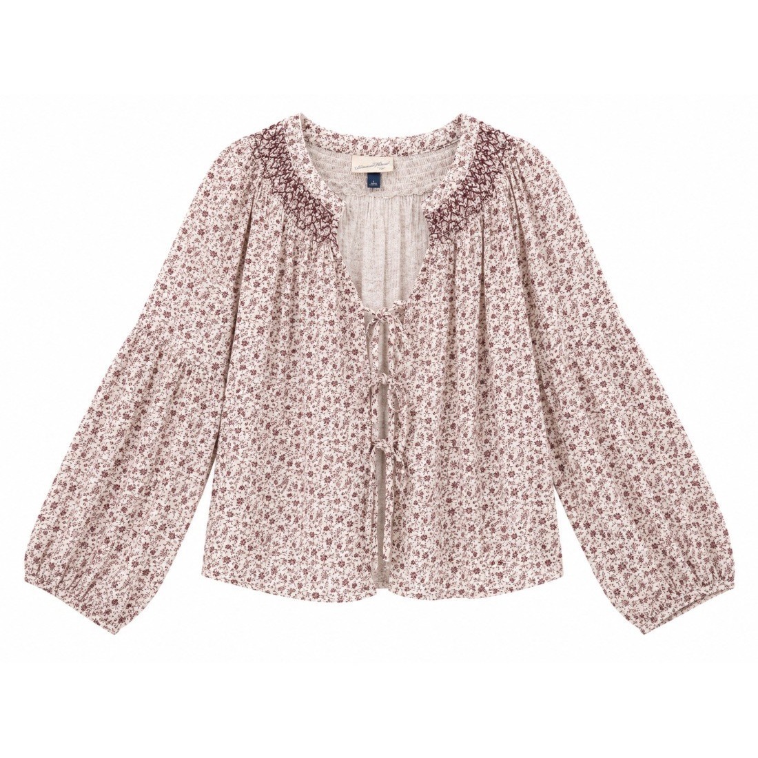 Universal Thread Womens Floral Smocked Peasant Blouse Top Cream Burgundy L